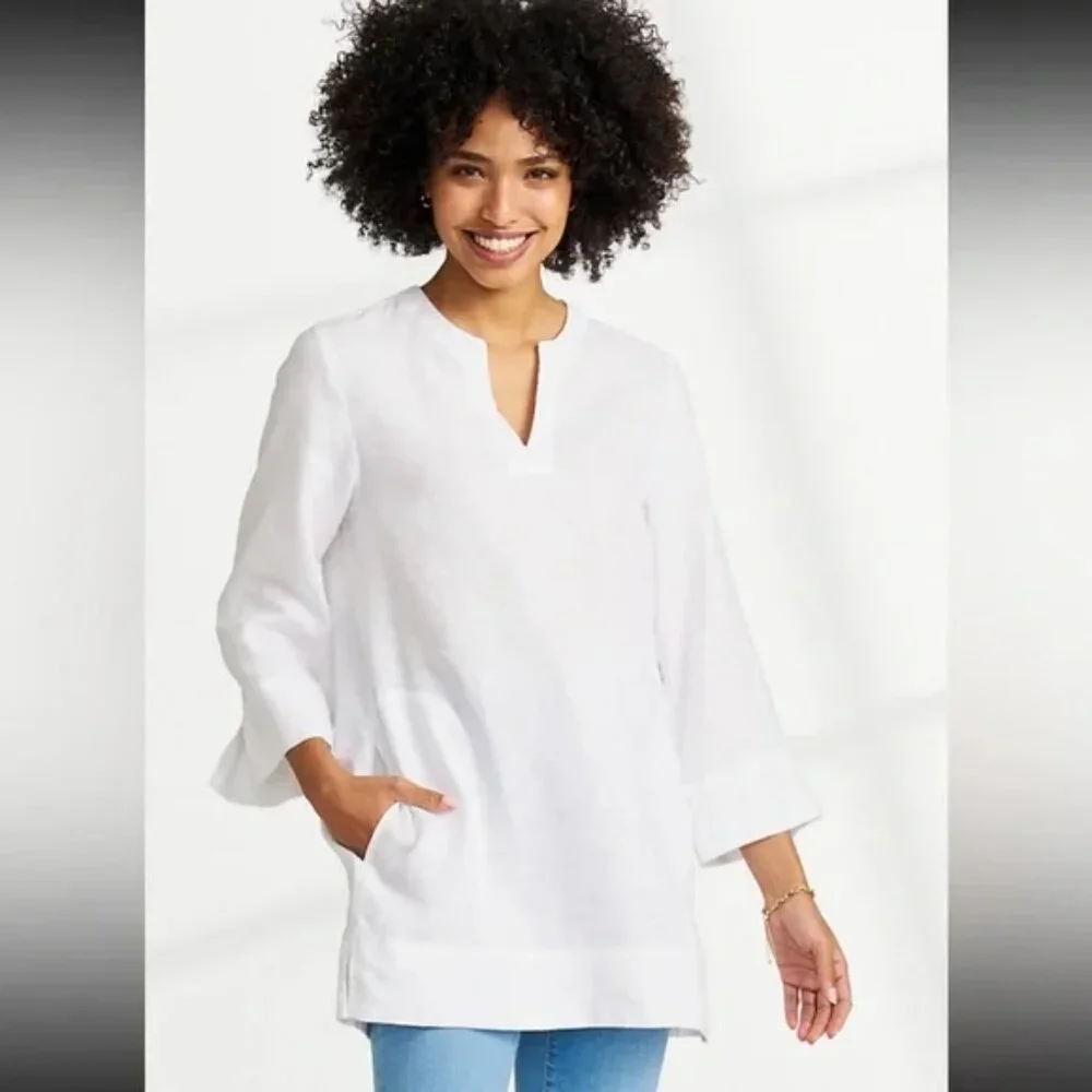 Lands' End Women's Crisp White Linen Blend Tunic with Large Front Pockets XL